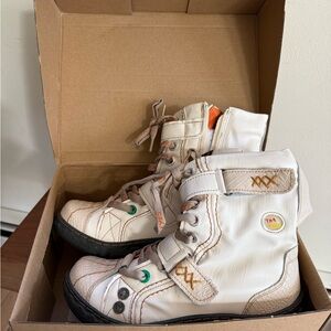 Tan and White Ankle Boots with Lace-Up Design and Sturdy Sole